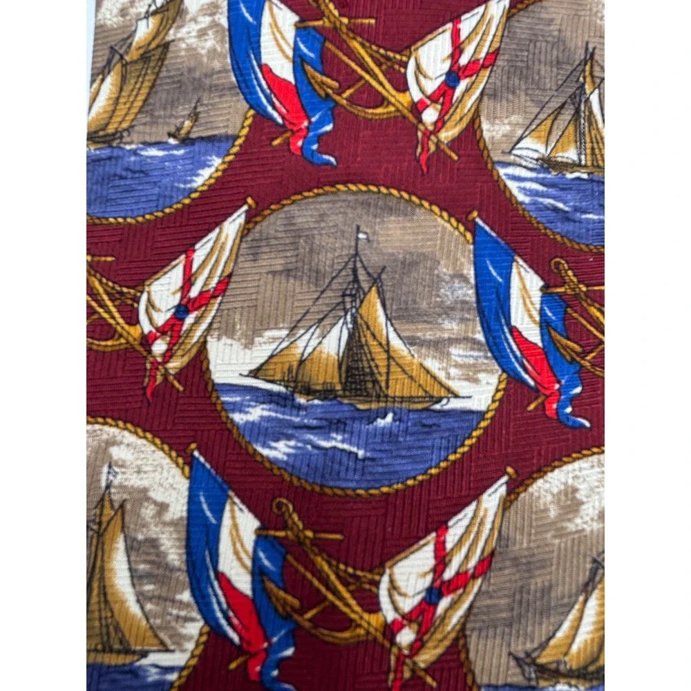 Tommy Hilfiger 100% Silk Sailboat Nautical Tie Burgundy Blue Made in USA Classic